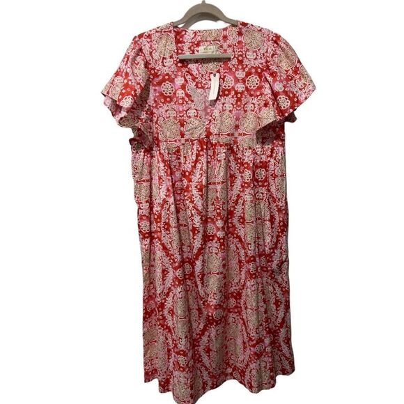 Anthropologie Maeve Geometric Short Flutter-Sleeve Babydoll Dress Pink Large NWT - Picture 2 of 15